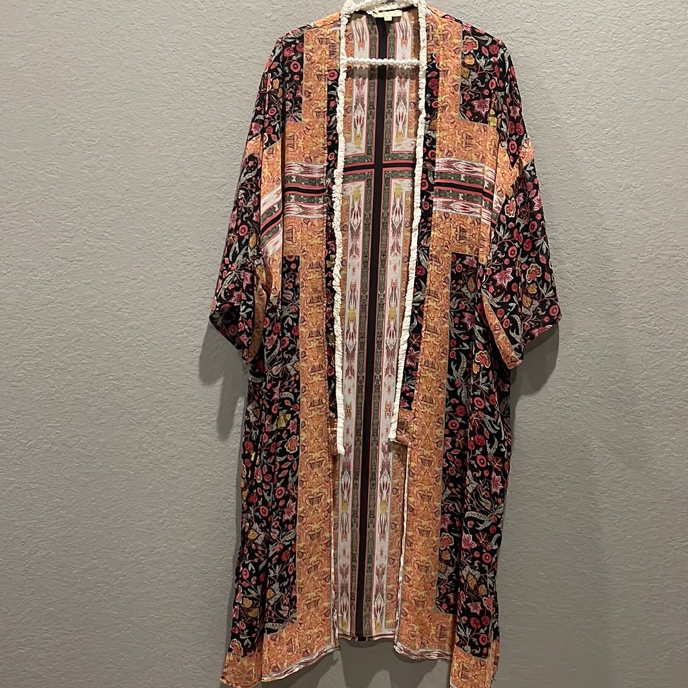Kori America XL semi sheer duster with short fringe detail